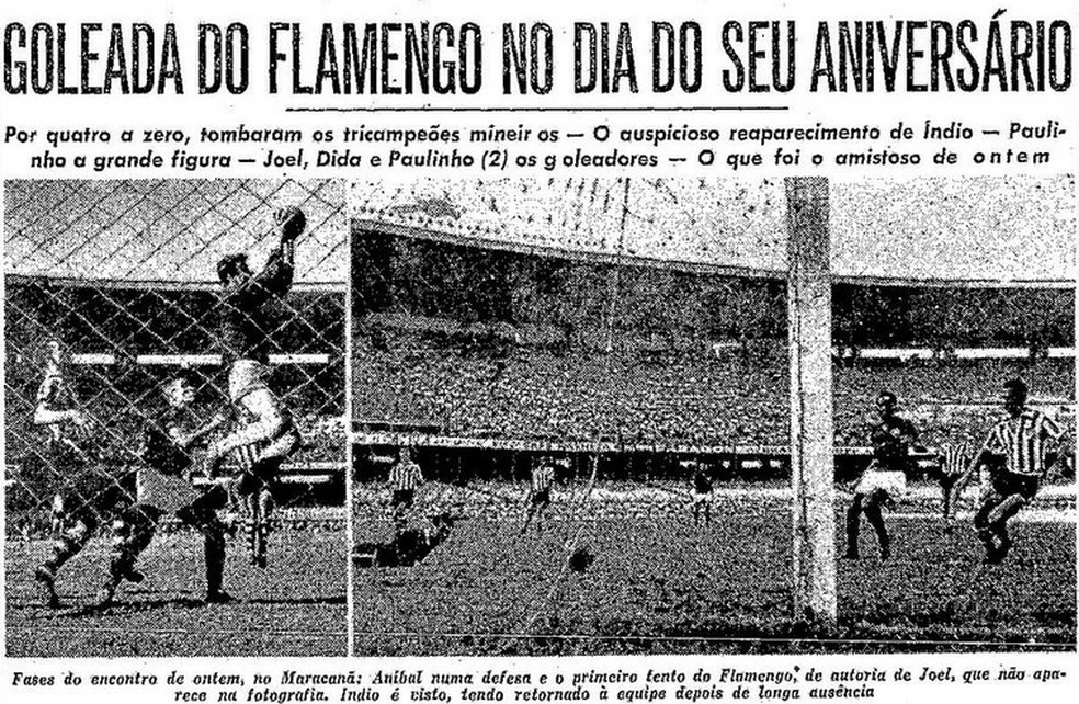 No anivers&aacute;rio de 60 anos do Flamengo, o Atl&eacute;tico-MG foi goleado por 4 a 0 no Maracan&atilde; &mdash; Foto: Reprodu&ccedil;&atilde;o O Globo de 16/11/1955