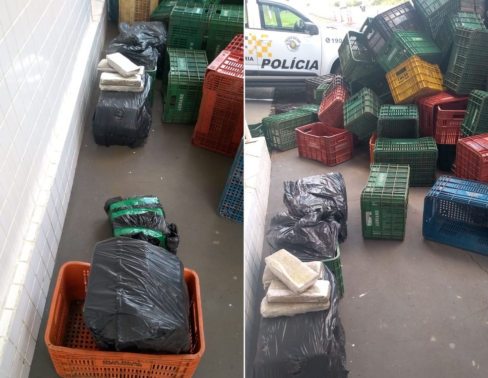 Droga estava escondida no meio de carga de caixas de fruta em Bofete — Foto: Polícia Rodoviária/Divulgação