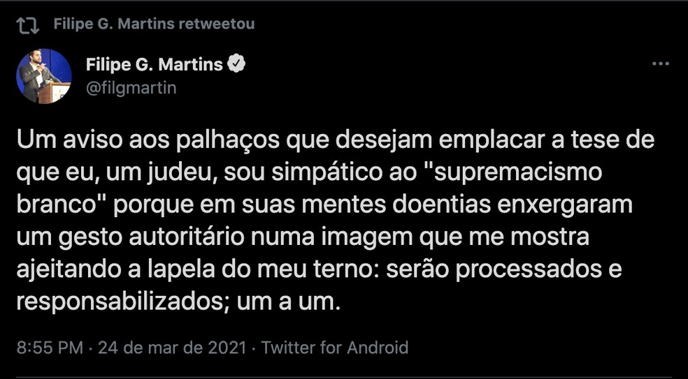Reprodução de mensagem de Filipe Martins em uma rede social — Foto: Reprodução/Twitter