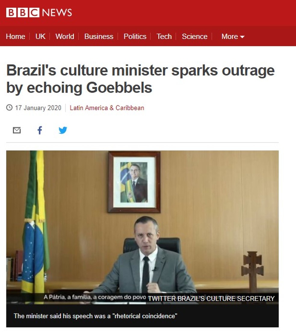 Publicação da BBC sobre Roberto Alvim — Foto: Reprodução