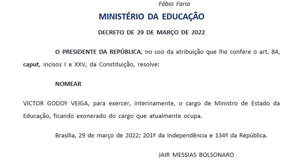 Nomeação de Victor Godoy Veiga no Diário Oficial da União — Foto: Reprodução / Diário Oficial da União