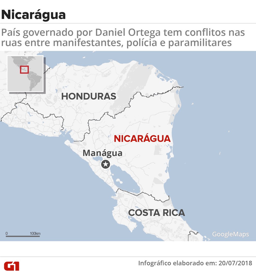 Mapa da NicarÃ¡gua (Foto: Karina Almeida/G1)