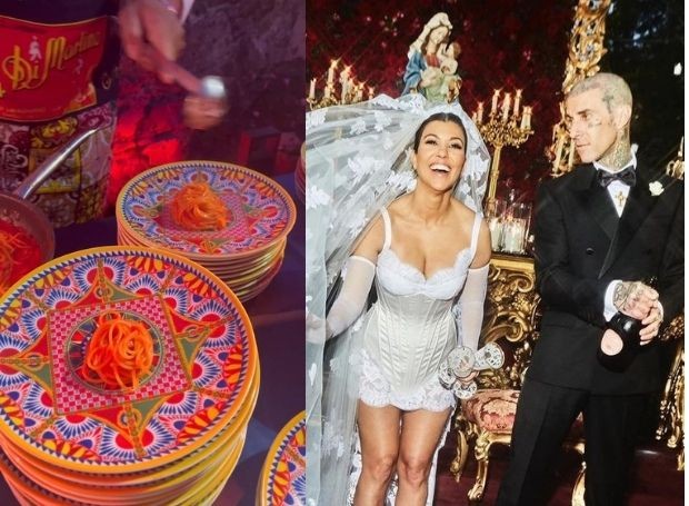 Mini porção de massa ofusca porcelana grifada em festa de casamento de Kourtney Kardashian (Foto: Instagram / Reprodução)