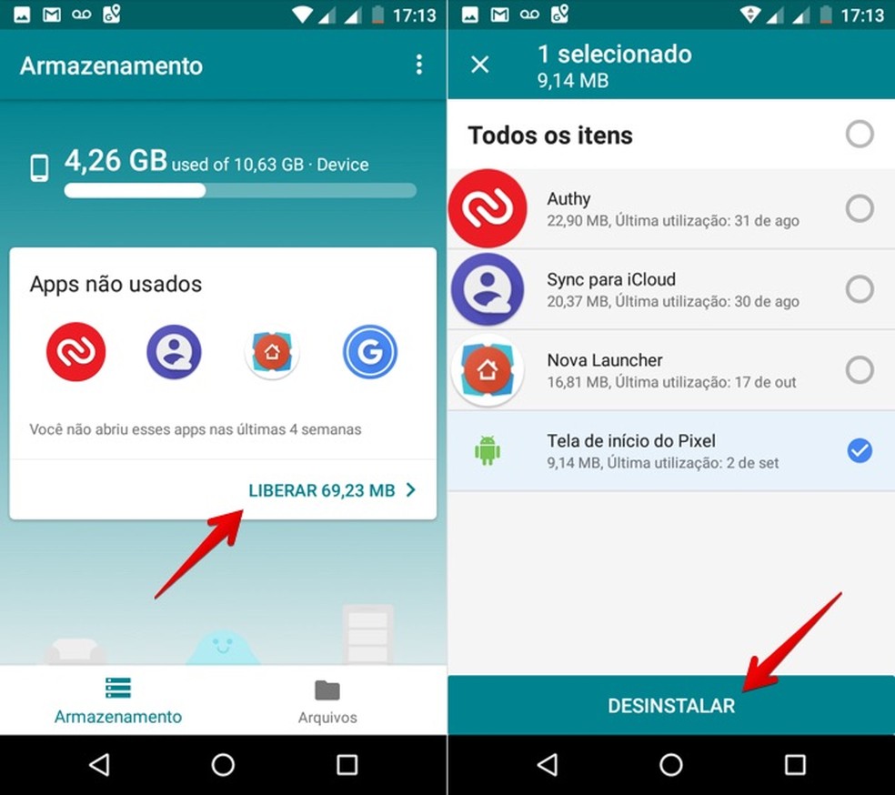Desinstalando apps não usados há vários dias com o Files Go (Foto: Reprodução/Helito Bijora)