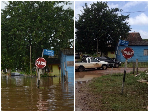 Rua atingida pela cheia do rio Araguari (Foto: Abinoan Santiago/G1)