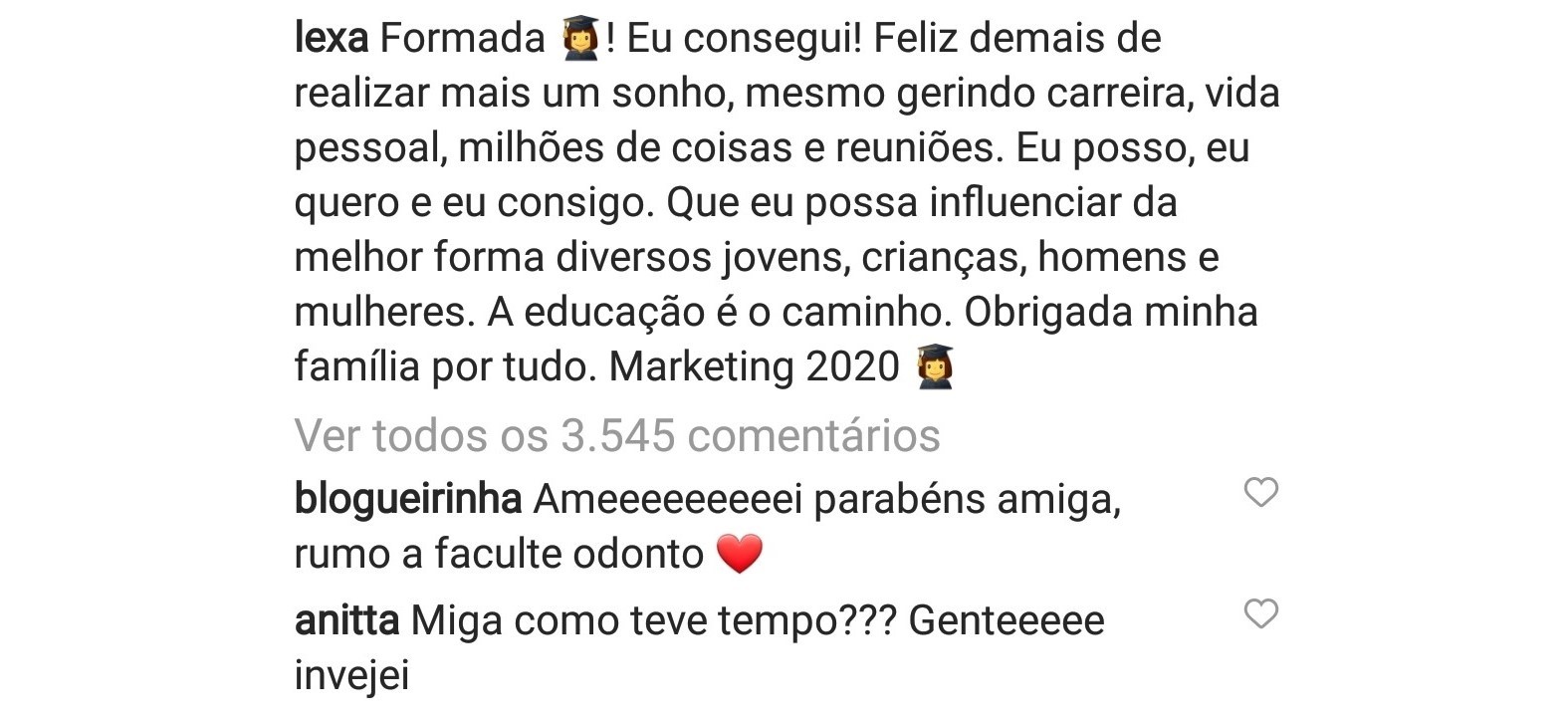Lexa se forma e Anitta comenta (Foto: reprodução/instagram)
