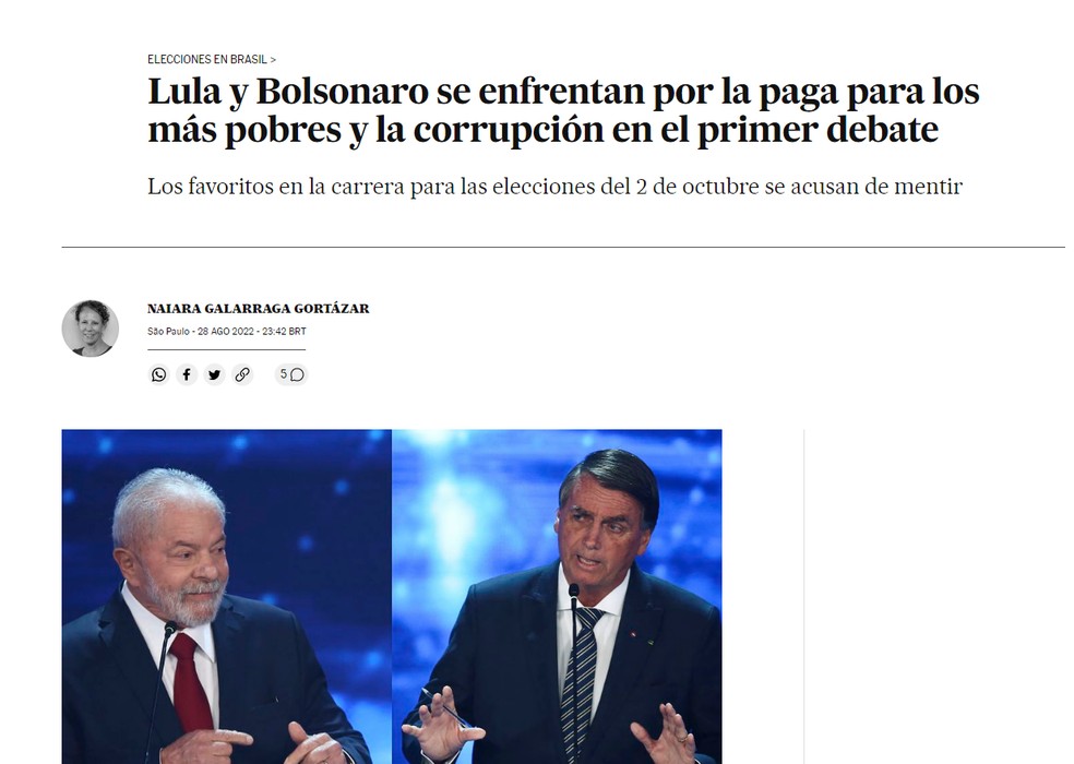 Jornal 'El País' destaca disputa entre Lula e Bolsonaro sobre programas de transferência de renda. — Foto: Reprodução