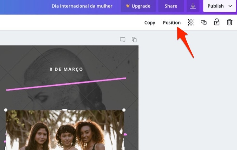 Ação para visualizar opções de camadas para imagens e textos em um modelo de cartaz do serviço online Canva — Foto: Reprodução/Marvin Costa