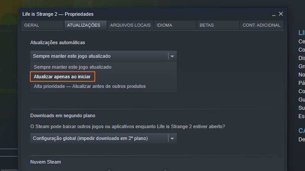 Selecione "Atualizar apenas ao iniciar" para impedir que o Steam atualize os jogos sozinho — Foto: Reprodução/Tais Carvalho