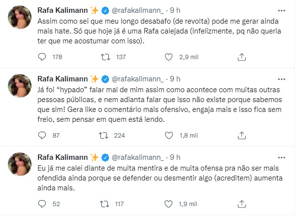 Rafa Kalimann desabafa sobre haters (Foto: Reprodução/Twitter)