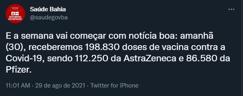 Informa&ccedil;&atilde;o foi divulgada pela Secretaria da Sa&uacute;de, neste domingo (29), pelas redes sociais &mdash; Foto: Reprodu&ccedil;&atilde;o/Redes Sociais