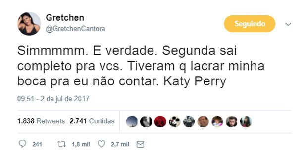 Gretchen confirma participação em clipe de Katy Perry (Foto: Reprodução/Twitter)