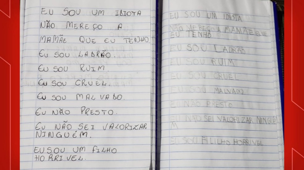 Caderno com frases escritas pelo Miguel, segundo a Polícia Civil, foi apreendido  — Foto: Divulgação/Polícia Civil