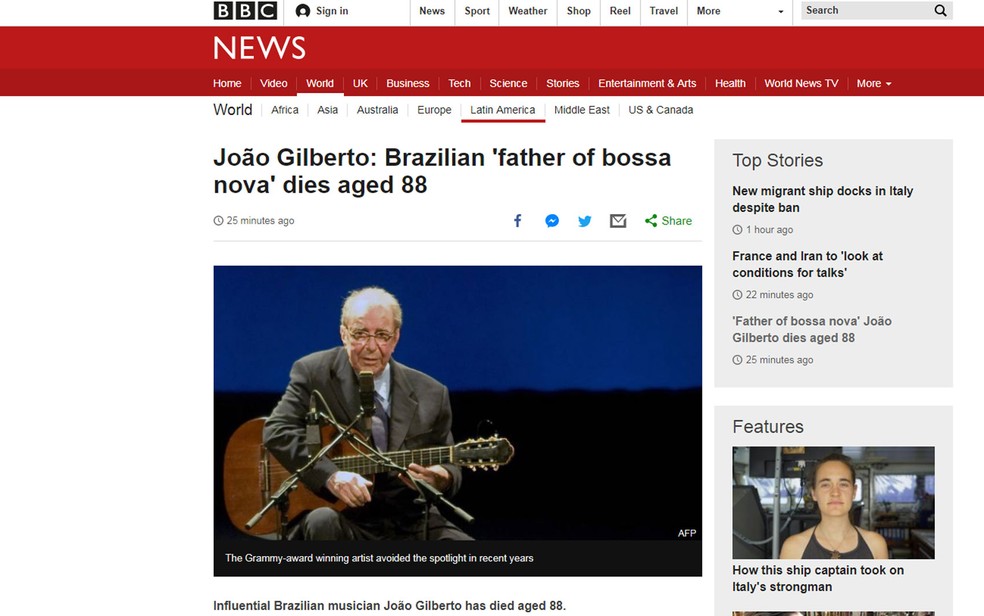 Notícia da morte de João Gilberto na BBC — Foto: Reprodução/BBC