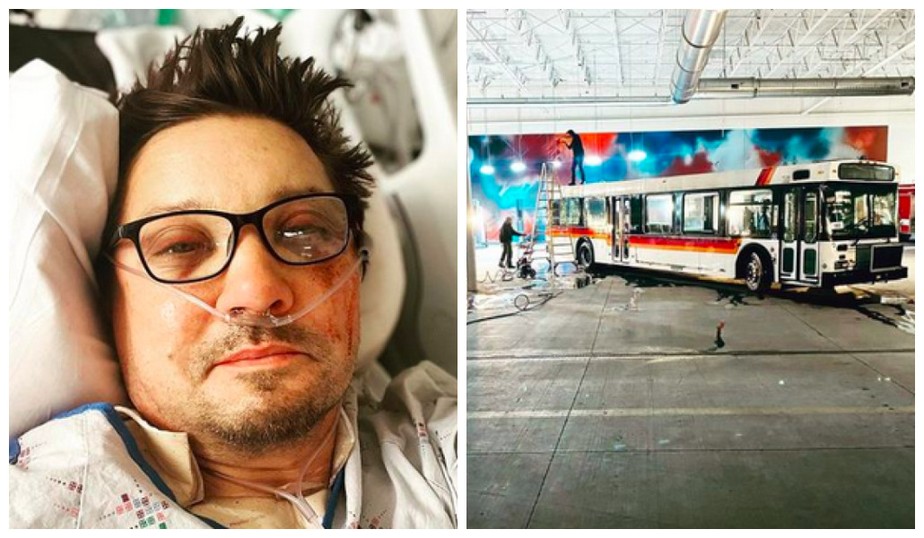 A foto compartilhada pelo ator Jeremy Renner, com um ônibus em uma oficina, para fazer piada com sua recuperação