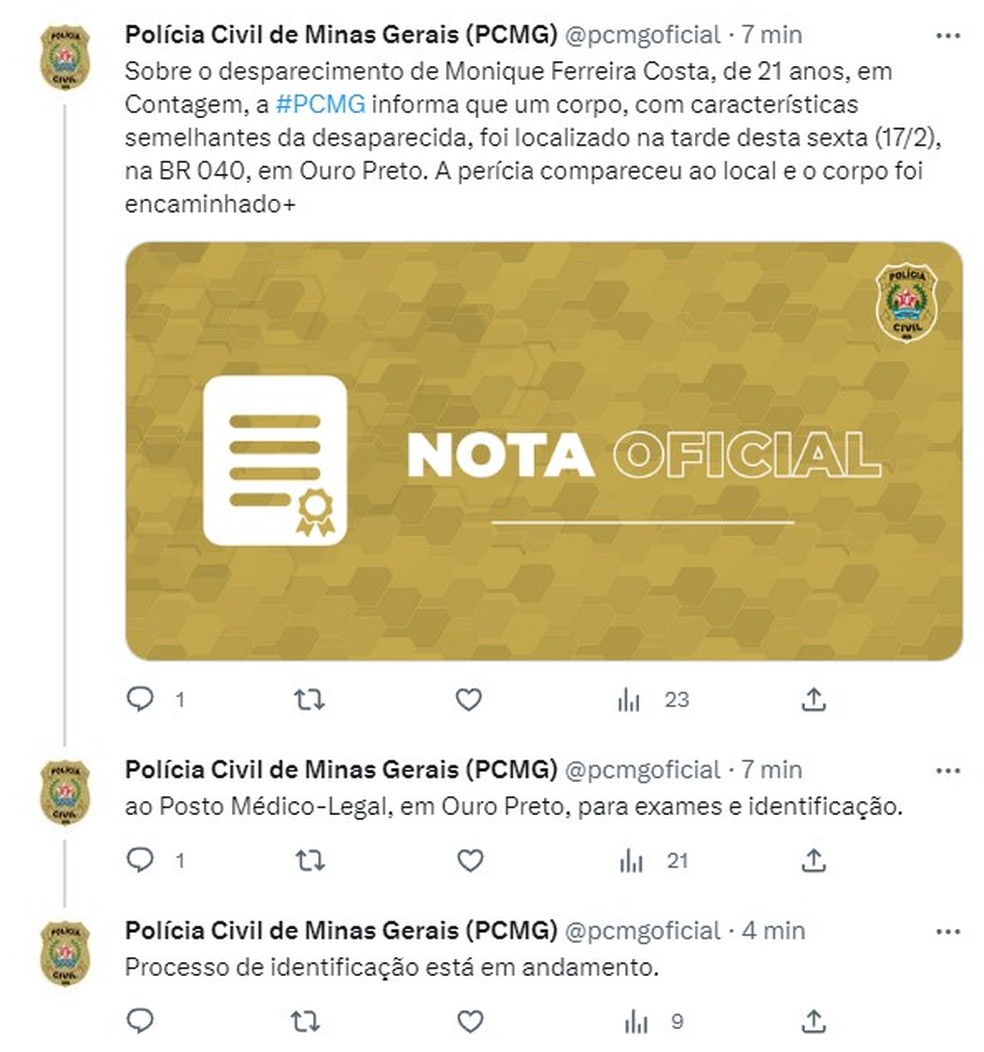 Polícia Civil afirma que processo de identificação ainda está em andamento — Foto: Reprodução/Redes Sociais