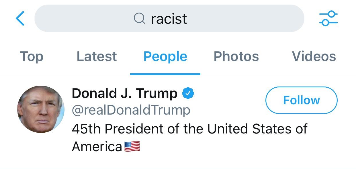 Conta de Donald Trump é principal resultado para a palavra 'Racista' no Twitter (Foto: Reprodução/Twitter)