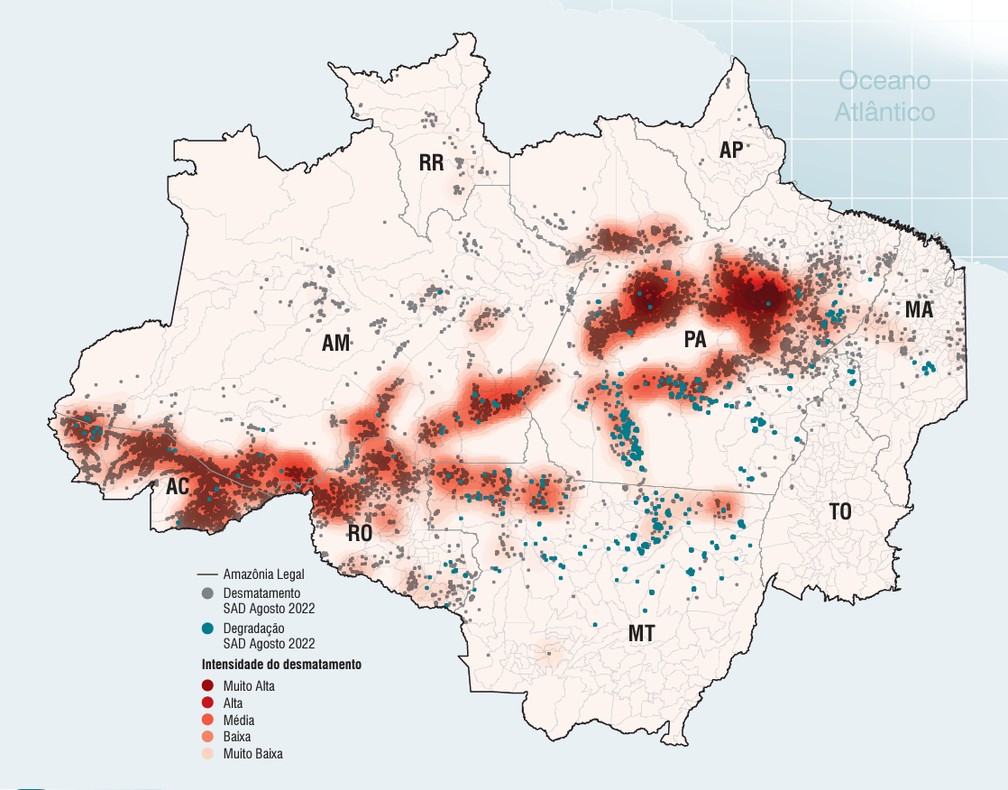 Áreas de desmatamento e degradação registradas em agosto de 2022 pelo Imazon na Amazônia Legal. — Foto: Imazon/Divulgação