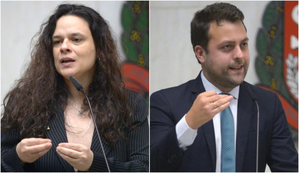 A deputada Janaína Paschoal (PRTB) e o deputado Ricardo Melão (Novo), únicos parlamentares da Alesp contrários ao regime de urgência do projeto que aumento os salários do 1º escalão do governo de SP em 2023. — Foto: Divulgação/Alesp