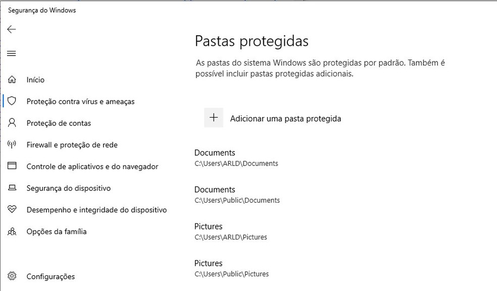 Recurso do Windows tenta deixar arquivos pessoais fora do alcance dos vírus de resgate. — Foto: Reprodução