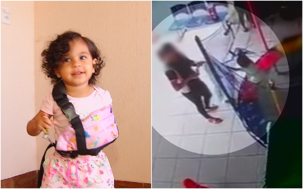 Maria Júlia, de 1 ano e 5 meses, quebrou a clavícula após cair em brinquedo de escola em Rio Verde — Foto: Montagem/g1