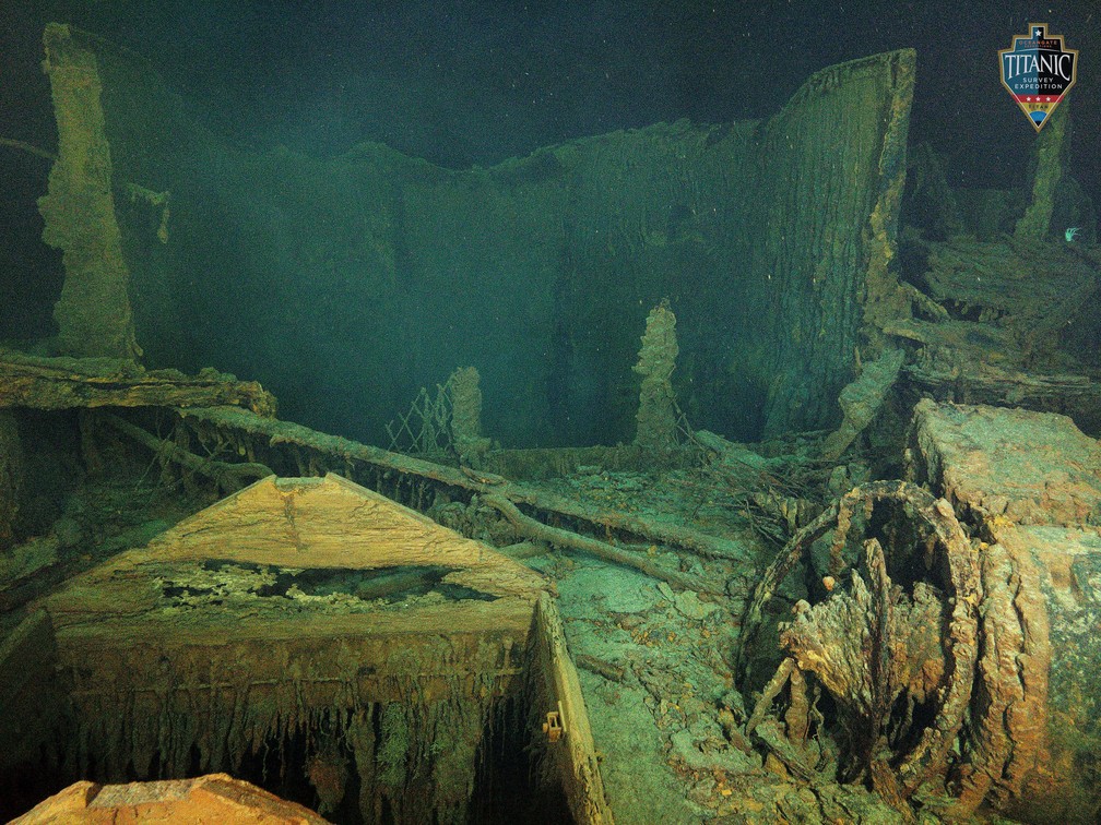 Imagem em alta definição mostra detalhes do navio Titanic, que naufragou em 1912 no Oceano Atlântico — Foto: OceanGate Expeditions/Divulgação