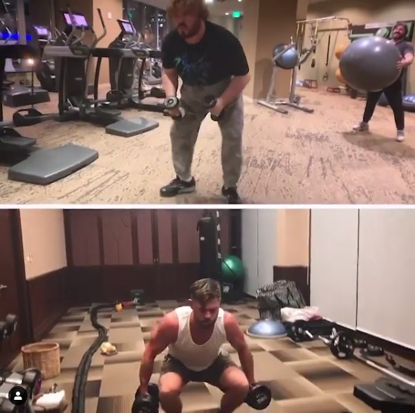 O ator Jack Black reproduzindo os movimentos do ator Chris Hemsworth em uma sessão de treinos (Foto: Instagram)