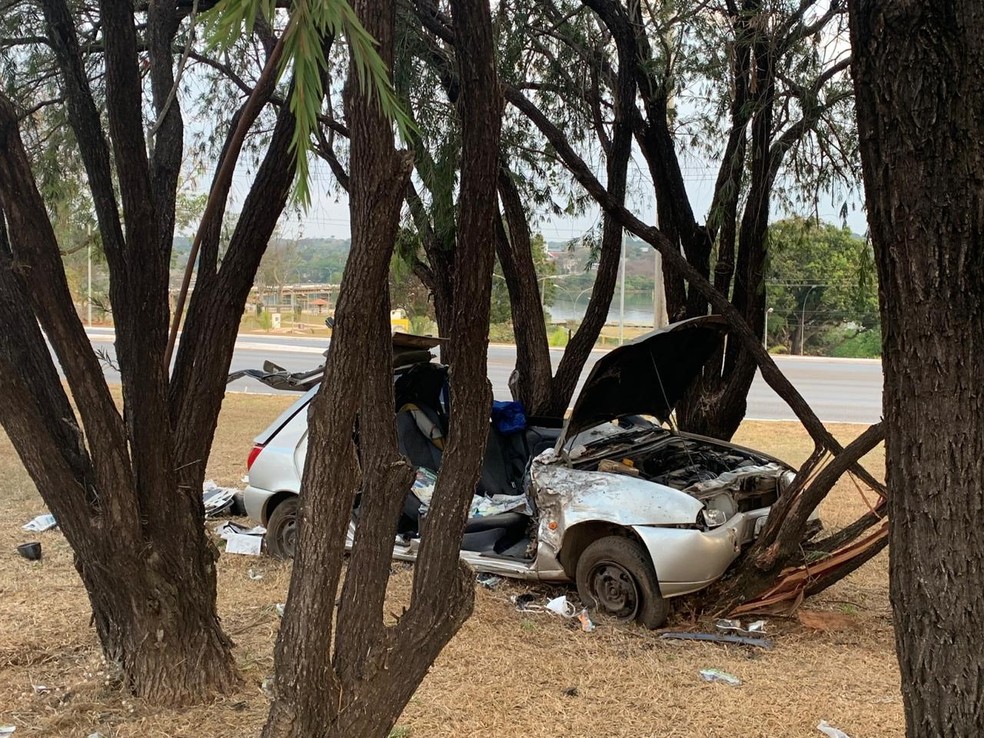 Veículo que mulher estava foi parar entre as árvores no canteiro central da pista. — Foto: Brenda Ortiz/G1