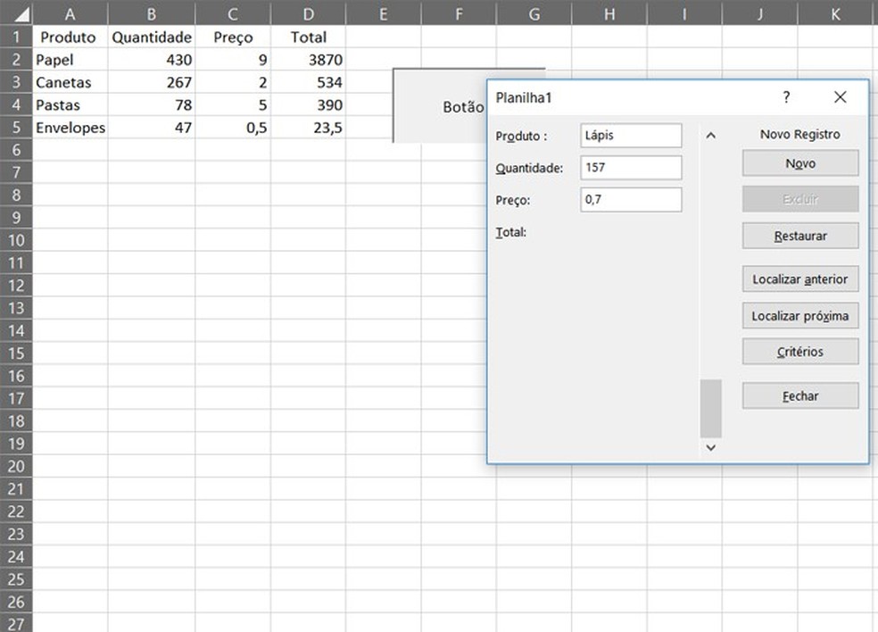 O botão que você criou vai rodar o módulo criar_form sempre que acionado no Excel — Foto: Reprodução/Filipe Garrett