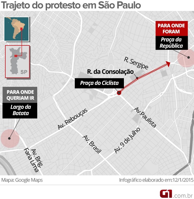 Manifestantes decidiram seguir pela Avenida Rebouças até o Largo da Batata, contrariando decisão da PM de seguir pela Rua da Consolação até a Praça da República. (Foto: Editoria Arte/G1)