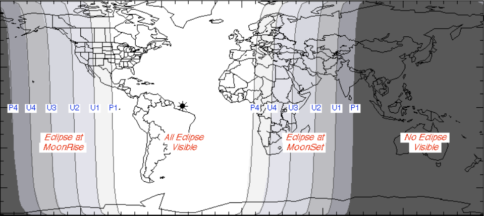 Brasil está bem no centro da região com visibilidade total do eclipse (Foto: NASA)
