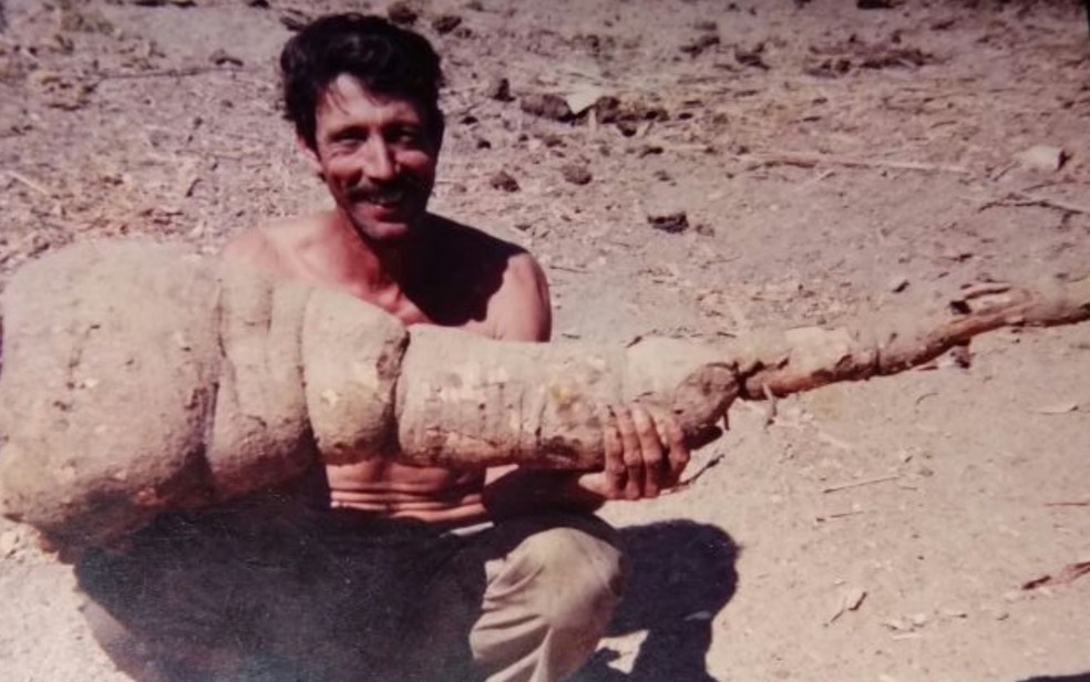 Agricutlor já colheu mandioca de 23 kg em Niquelândia (Foto: Arquivo Pessoal/Cirley Araújo)