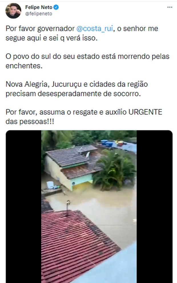 Felipe Neto tenta ajudar sul da Bahia após fortes chuvas (Foto: Reprodução/Twitter)