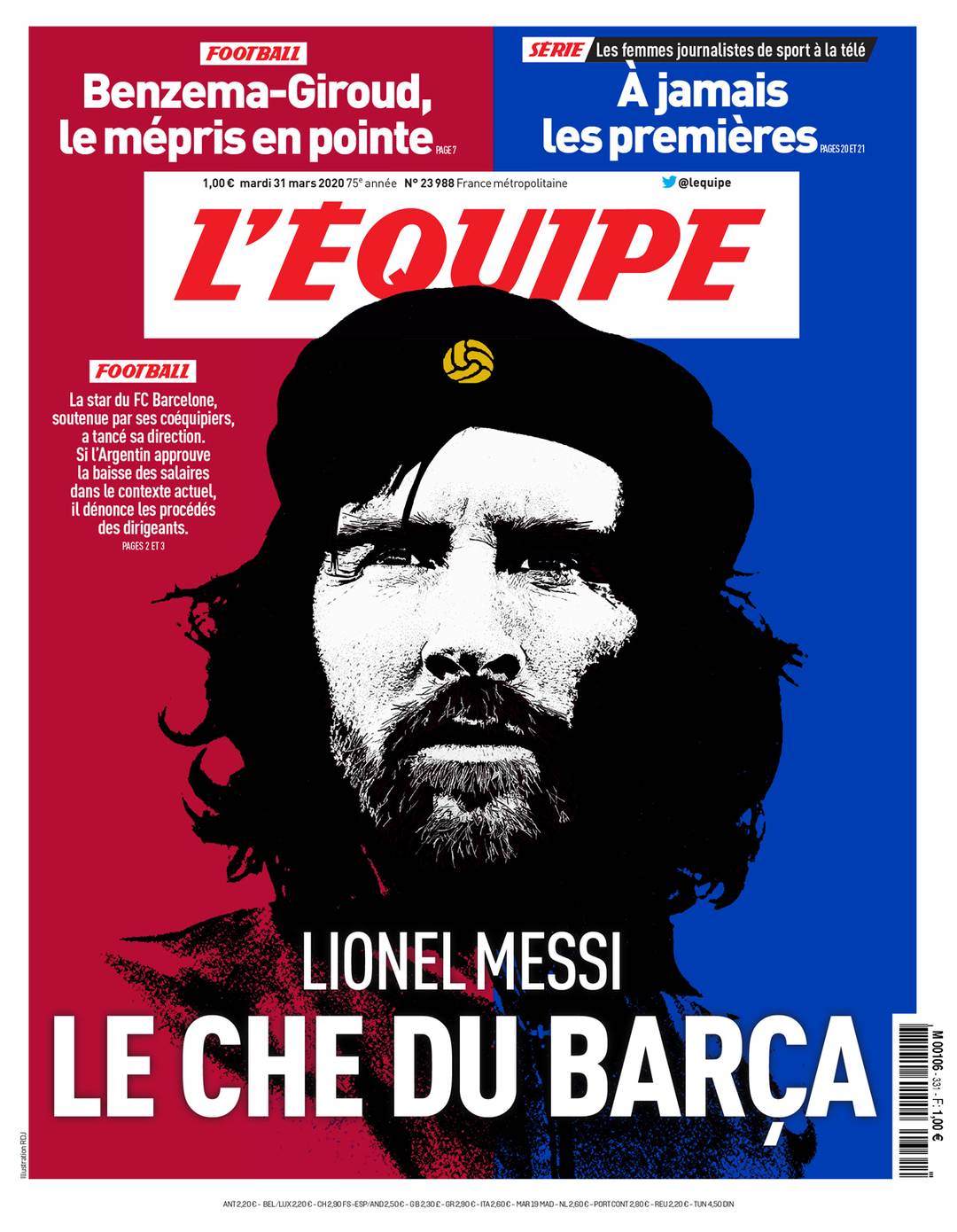 Capa do jornal "L'Equipe" de terça-feira, com o argentino Lionel Messi retratado como Che Guevara