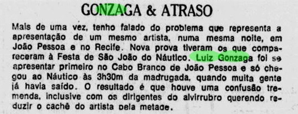Jornal relata atraso de Luiz Gonzaga em show nos Aflitos  Foto: Arquivo/Diario de Pernambuco