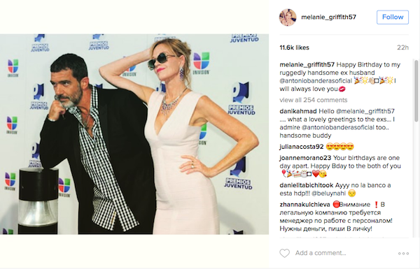 A homenagem da atriz Melanie Griffith ao seu ex, o ator Antonio Banderas (Foto: Instagram)