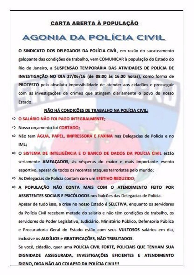 Policiais civis do R Jenviaram carta aberta à população (Foto: Divulgação)
