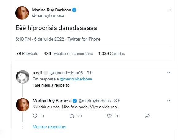 Tweet de Marina Ruy Barbosa (Foto: Reprodução/ Twitter)