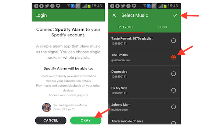 Confirmando o vinculo do Alarmify com o Spotify e escolhendo uma playlist para o alarme configurado (Foto: Reprodução/Marvin Costa)