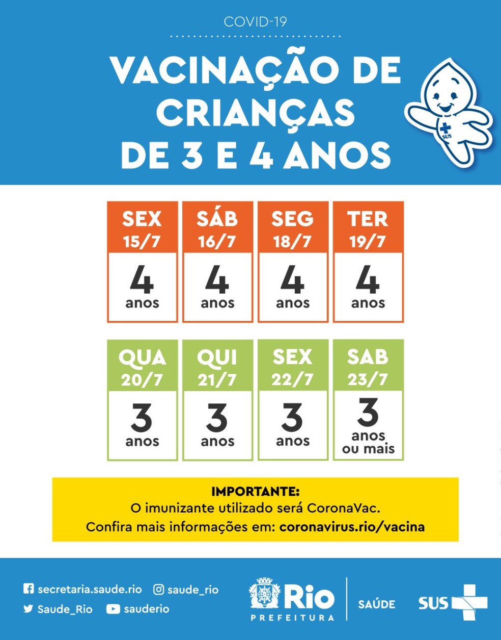 Calendário da vacinação de crianças de 3 e 4 anos no Município do Rio — Foto: Reprodução