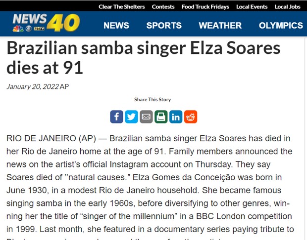 Morte de Elza Soares repercute no News 40 (Foto: Reprodução)