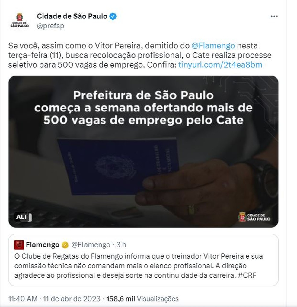 Prefeitura de S&atilde;o Paulo brinca com demiss&atilde;o de V&iacute;tor Pereira &mdash; Foto: Reprodu&ccedil;&atilde;o / Twitter