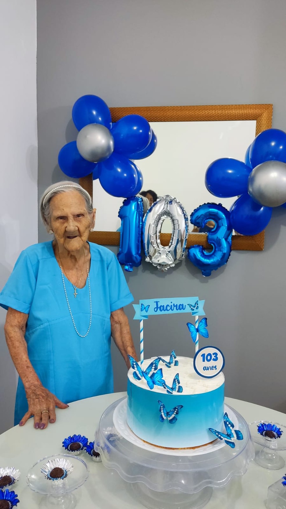 Foto de Jacyra em sua festa de 103 anos, realizada em 30 de novembro de 2022 — Foto: Acervo pessoal/Reprodução