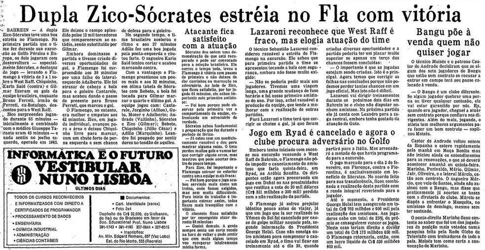 Estreia da dupla Zico & Sócrates foi destaque nos jornais da época — Foto: Reprodução / Jornal O Globo