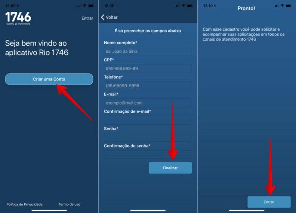 Criando conta no app da Prefeitura do Rio para denunciar aglomeração de pessoas — Foto: Reprodução/Helito Beggiora