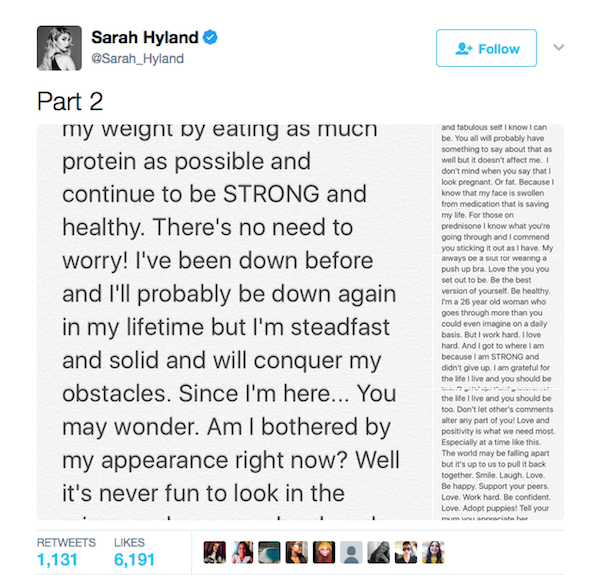 O texto divulgado pela atriz Sarah Hyland nas redes sociais (Foto: Twitter)