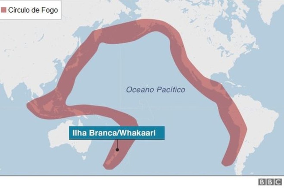 Círculo de Fogo do Pacífico, onde fica vulcão que matou turistas na Nova Zelândia — Foto: BBC