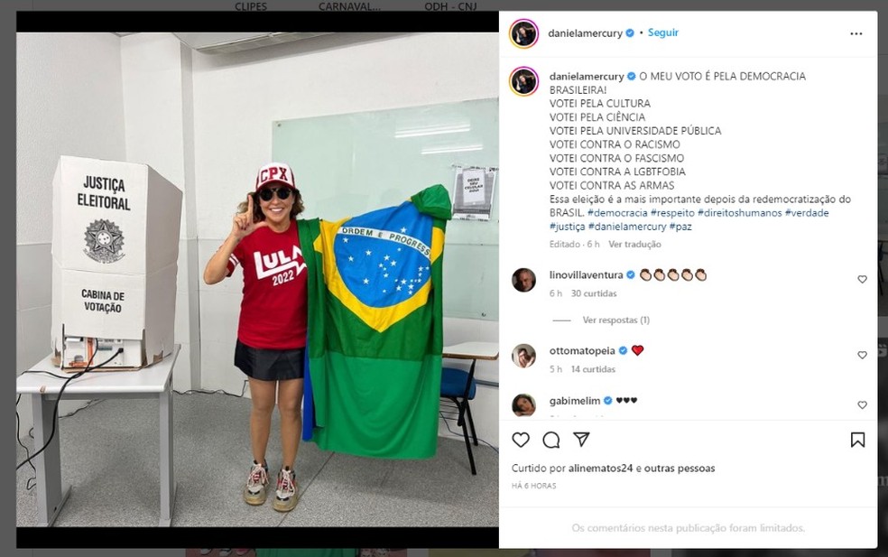 Daniela Mercury compartilha momento de votação nas redes sociais — Foto: Reprodução/Redes Sociais