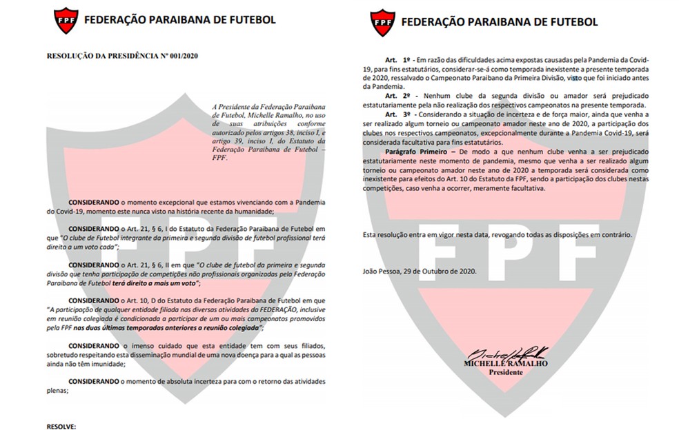 Documento assinado por Michelle Ramalho torna facultativo a disputa das competições que possam acontecer nesta temporada — Foto: Divulgação / FPF