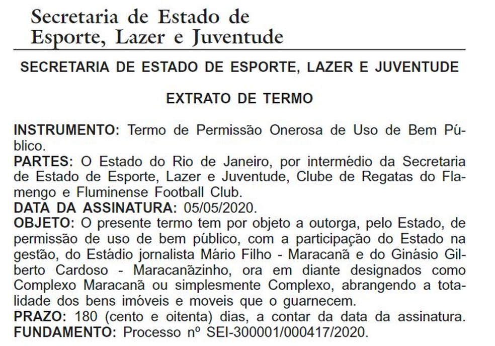 Assinatura Flamengo e Fluminense Maracanã Diário Oficial — Foto: Reprodução